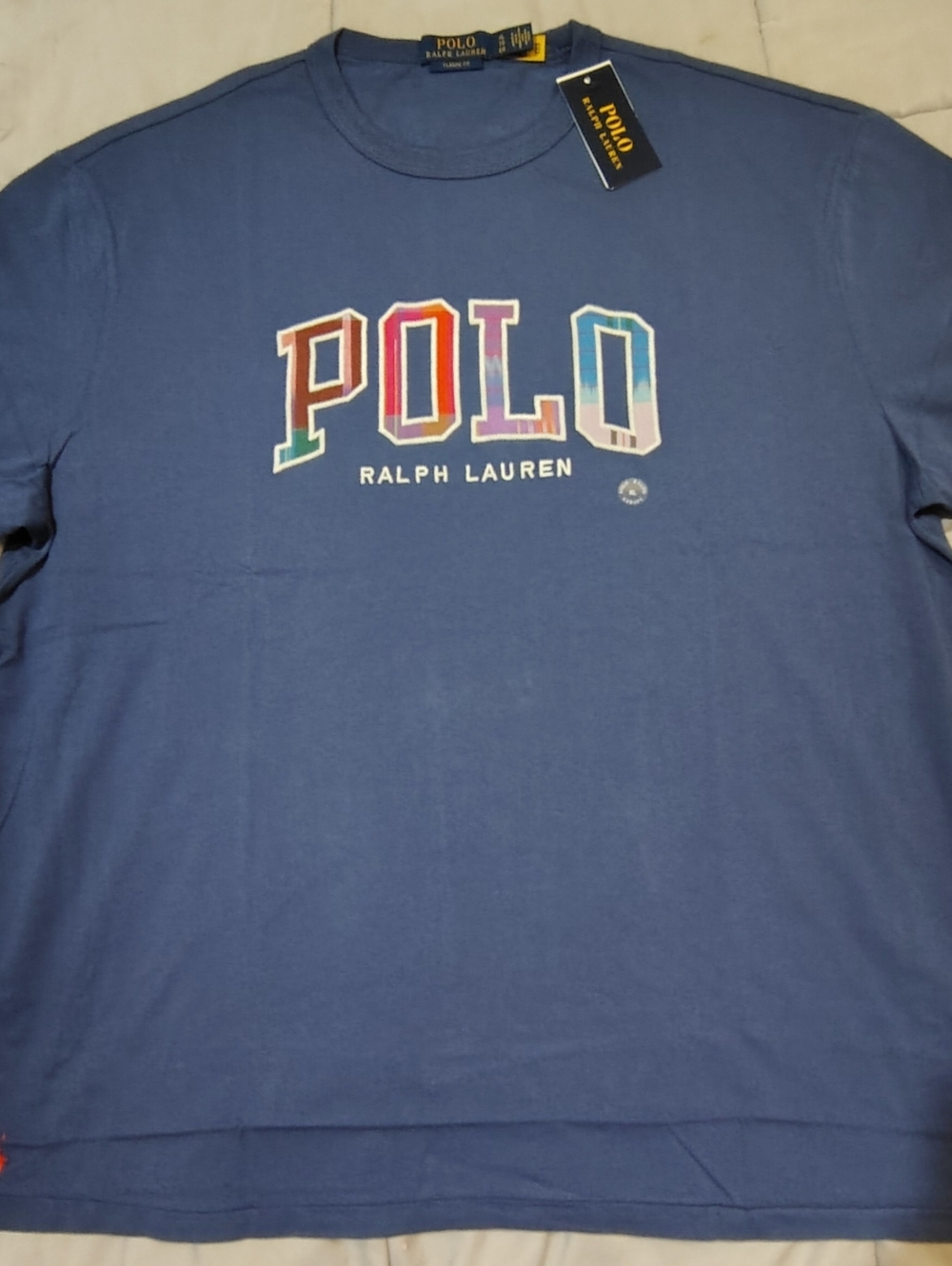 Ralph Lauren Blue Crewneck T-Shirt with Multicolor POLO Graphic Size XL NWT